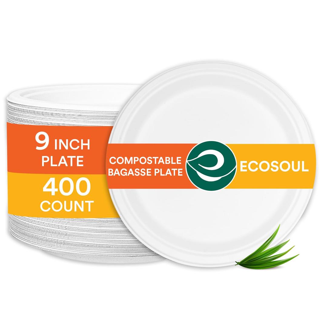 ECO SOUL Pearl White 9 Inch [400-Pack] Paper Plates (PFAS free) | 100% Compostable Disposable Bagasse I Heavy Duty Eco-Friendly Dinner Plates I Biodegradable Sugarcane Eco Plates | Microwavable