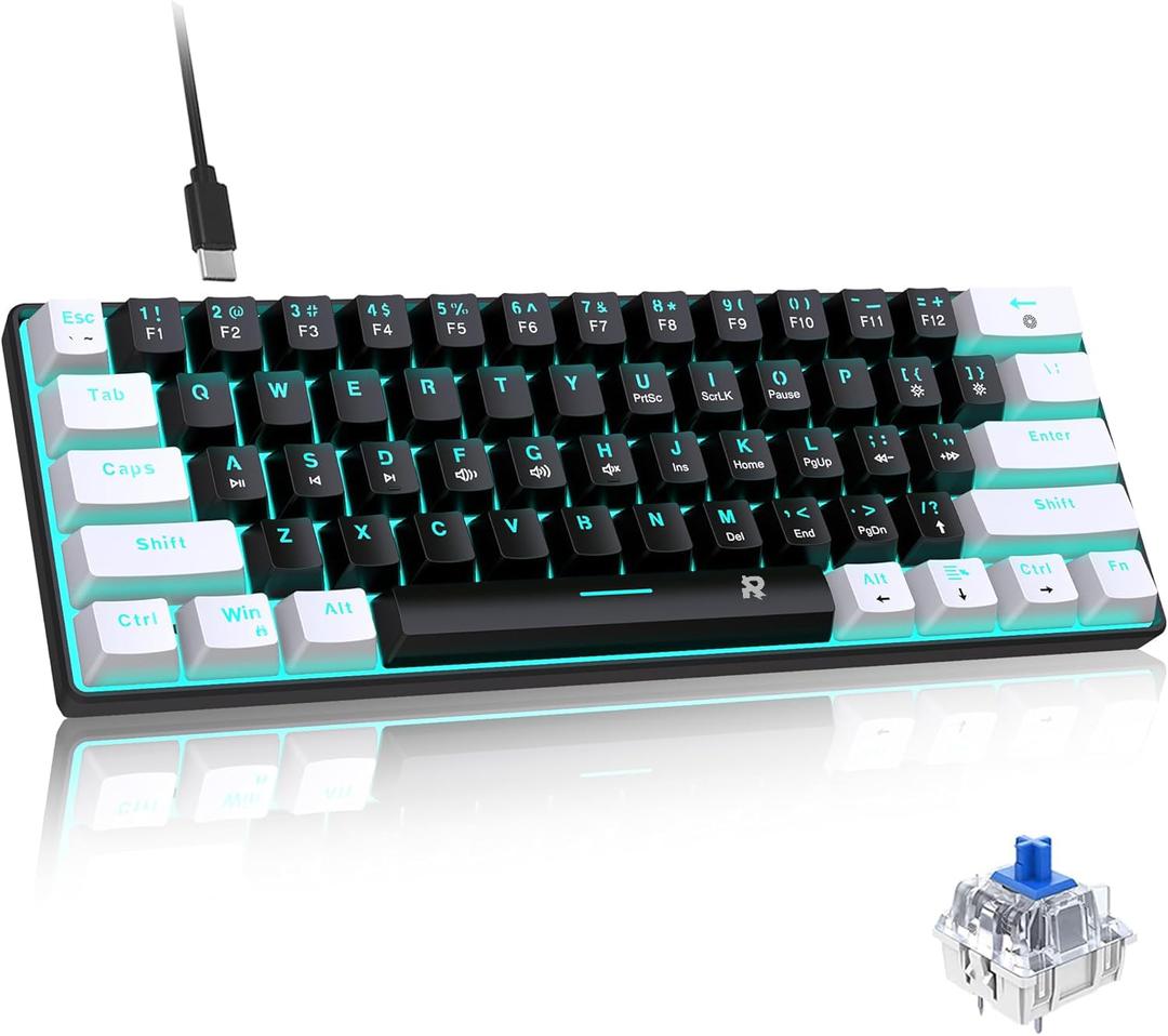 ROCK POW Wired 60% Mechanical Gaming Keyboard, Blue Switch Full Anti-ghosting Portable Mini Keyboard, for Windows Laptop PC Mac - White Black Ice