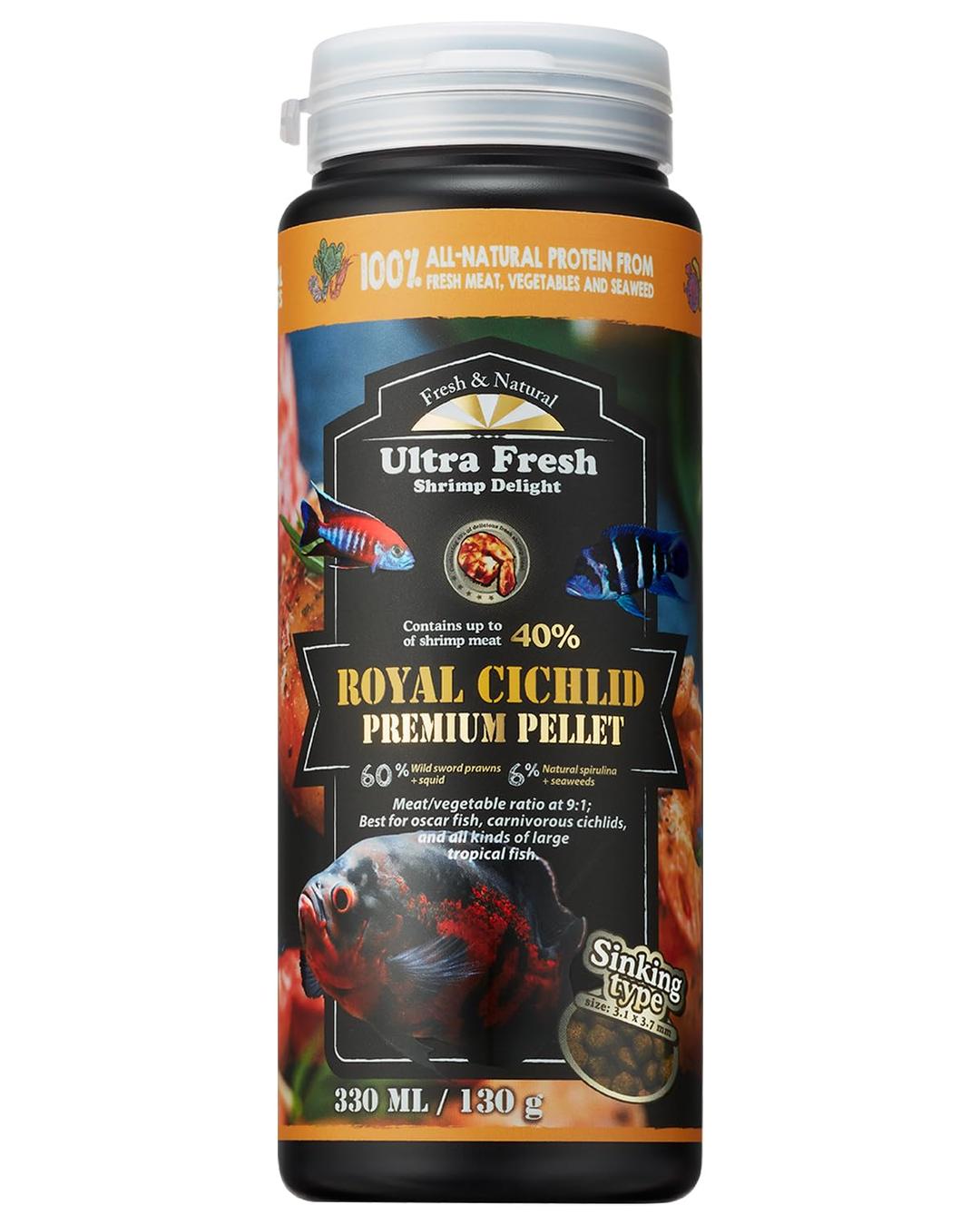 Ultra Fresh Cichlid Sinking Fish Food, Wild Sword Prawns, All Natural Ingredients, Carnivore Pellets for Large Cichlid and Tropical Fish, Royal Cichlid Premium Pellet 4.58 oz