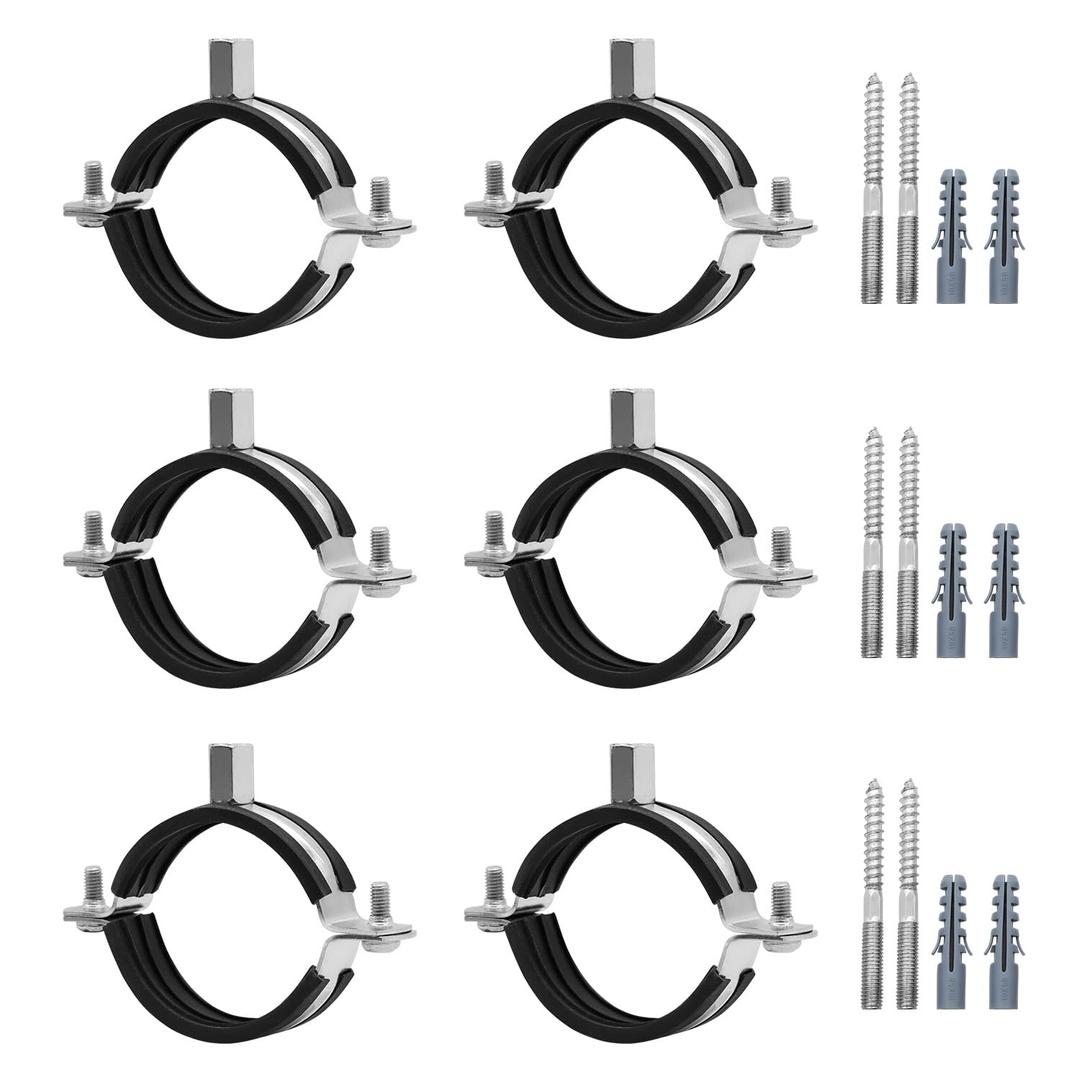 6 Pcs 3-3.1 Inch Split Ring Pipe Hanger, 75-80mm Heavy Duty Adjustable Pipe Bracket Clamp with Screw & Expansion Tube, Wall Ceiling Mount Combination Thread M8/M10 Metal Pipe Clamps