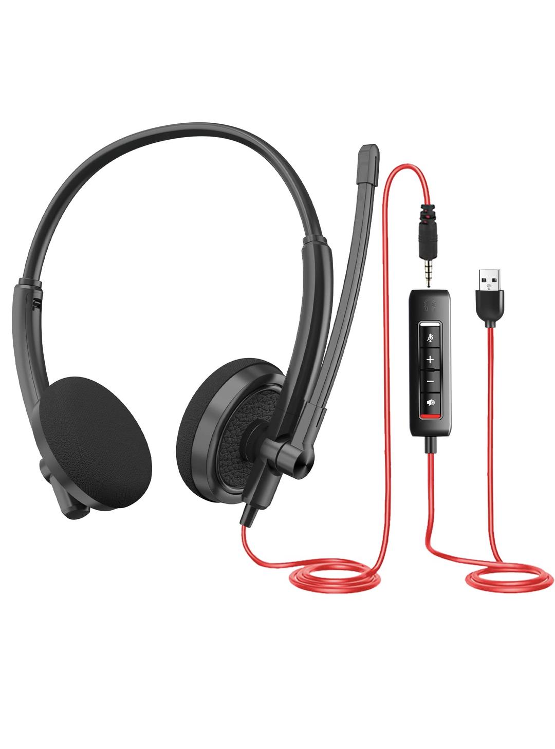 HROEENOI Premium USB Wired Headset with Noise-Cancelling Microphone, Ideal for PC, Laptop, Zoom Calls, Skype Meetings, Call Centers, and Home Office Use with In-Line Controls for Volume & Mic Mute