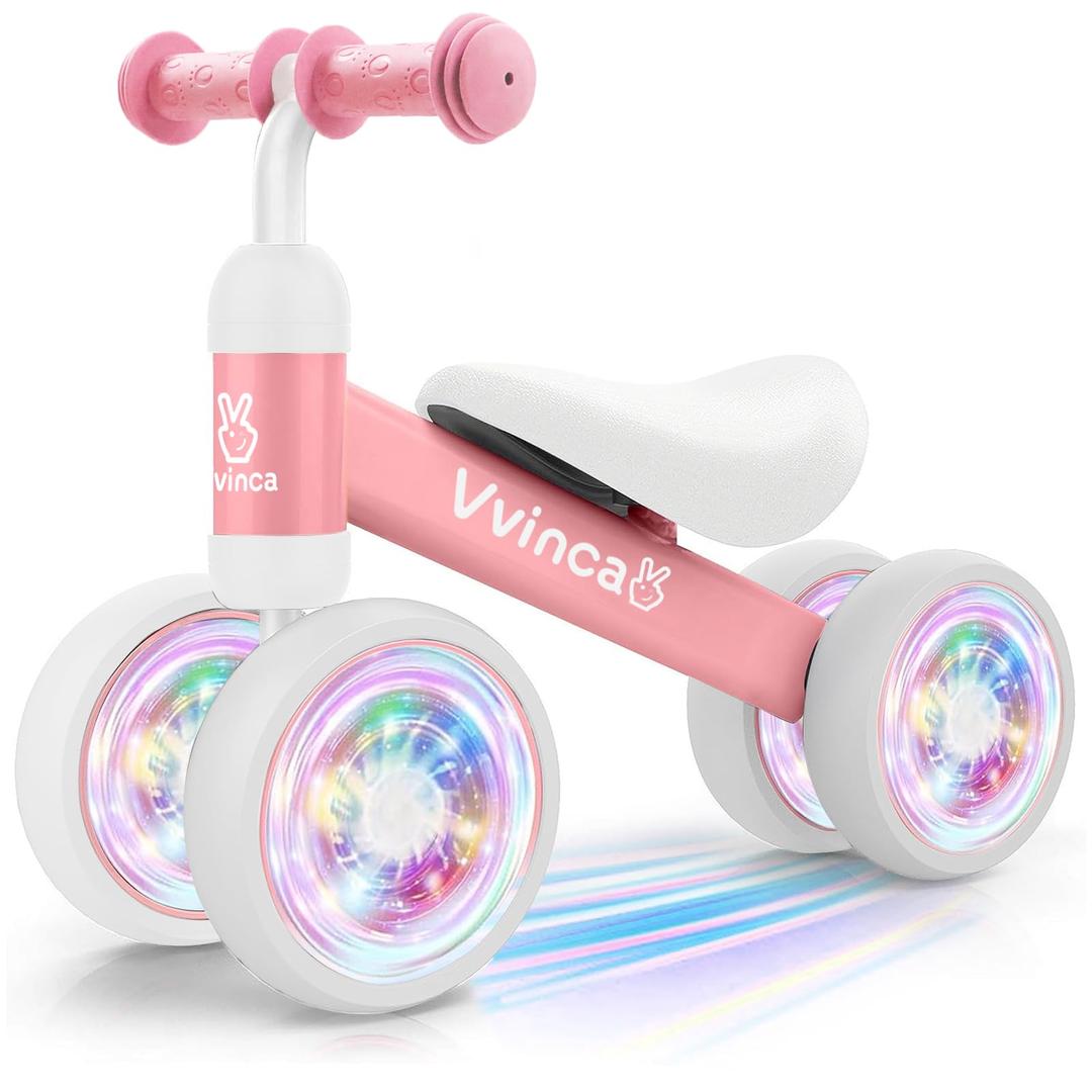 Vvinca Baby Balance Bike for 1 Year Old Girl Gifts, 4 Colorful Lighting Silent Wheels, 10-24 Month Toddler Soft Seat Balance Bike, Children's First No Pedal Ride On Toys, 1st Birthday Gifts for Girls