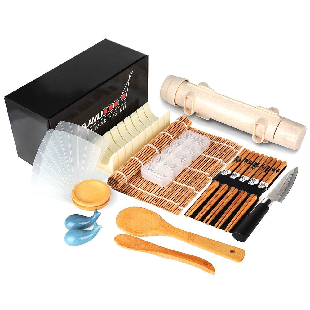 Delamu Sushi Making Kit, 20 in 1 Bazooka Roller Kit with Chef’s Knife, Bamboo Mats, Rice Mold, Temaki Sushi Mats, Rice Paddle, Spreader, Chopsticks, Sauce Dishes, Guide Book