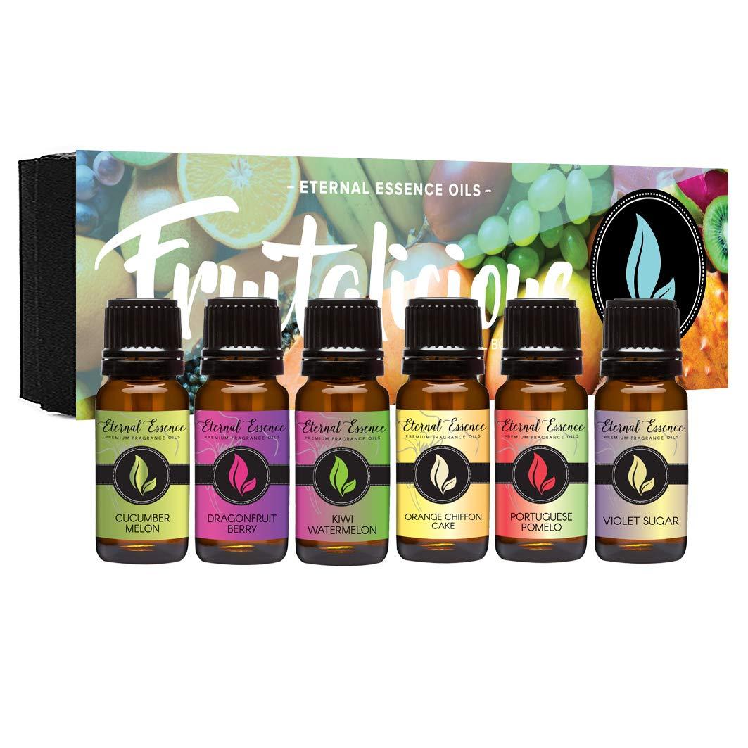 Eternal Essence Oils Fruitalicious Set of 6 Premium Fragrance Oils - Violet Sugar, Kiwi Watermelon, Orange Chiffon Cake, Cucumber Melon, Portuguese Pomelo, and Dragon Fruit Berry Scented Oils - 10ML