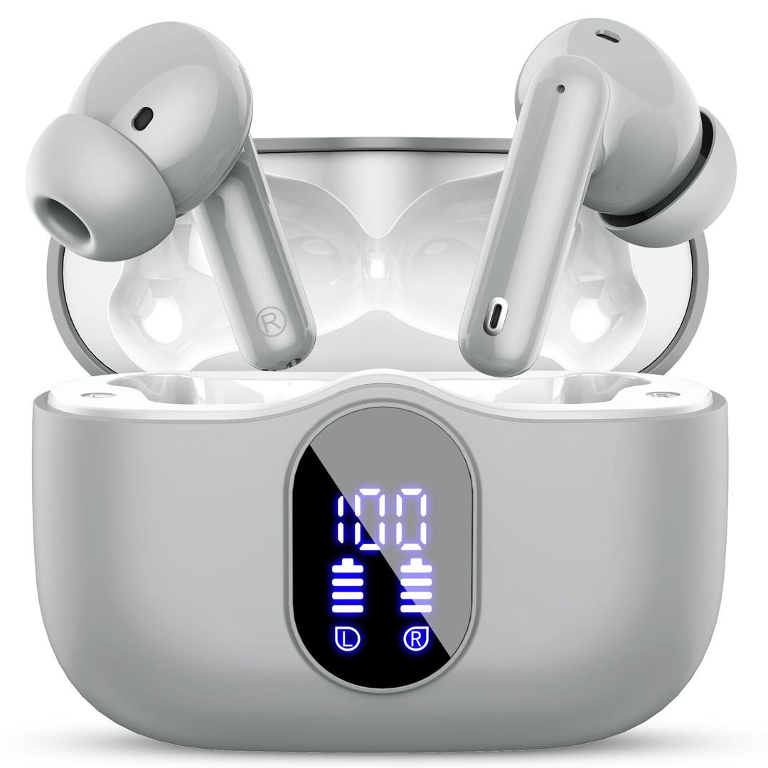 Wireless Earbuds Bluetooth 5.3 Headphones Bass Stereo Ear Buds with Noise Cancelling Mic LED Display in Ear Earphones IP7 Waterproof 36H Playtime for Laptop Pad Phones Sports Workout Grey