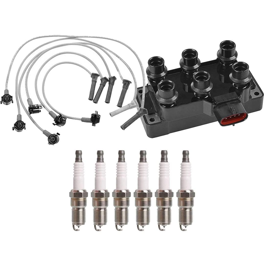 ENA Set of 1 Ignition Coil Pack and 6 Spark Plugs with Wire Set 2001-2011 Compatible with Ford Mustang Ranger 4.0L V6 Replacement for FD480 FD490 26686