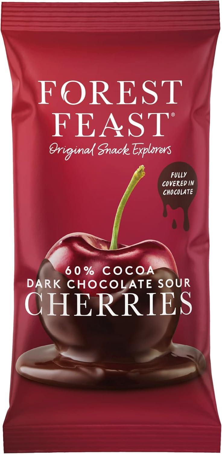 FOREST FEAST60% Cocoa Dark Chocolate Sour Cherries Pack 12 x 40g - Sweet Dried Cherries Chocolate Covered Fruit Snack with 60% Belgian Dark Chocolate, Gluten Free & Vegan Friendly Snack