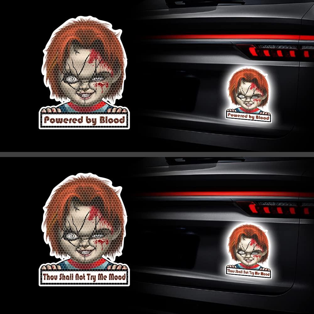 Horror Stickers for Car, MIYSNEIRN Horror Movie Stickers High Intensity Reflective Bloody Chucky Funny Scary Decals Creepy Car Rear Window Bumper Stickers Safety Warning Sign Unique New Driver Decal