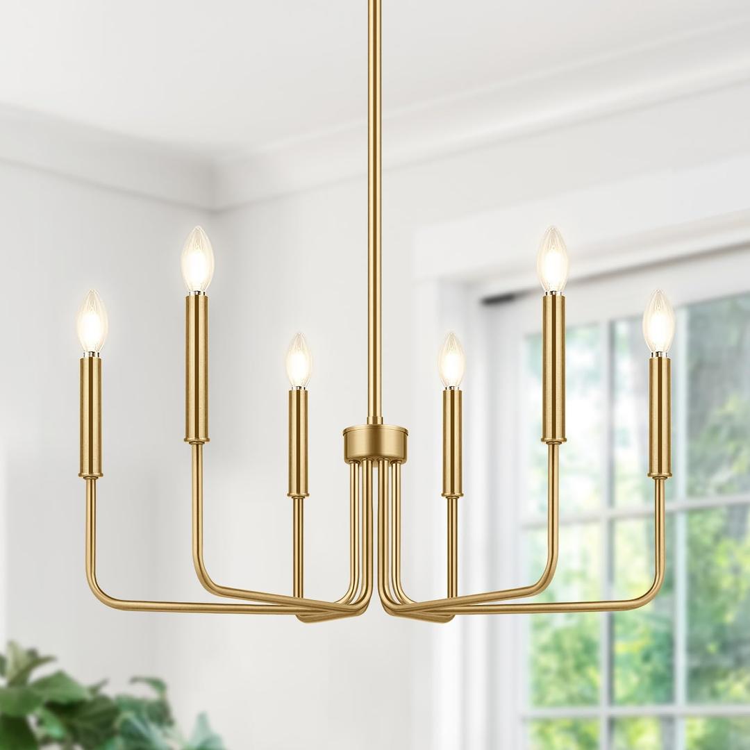 Brass Chandelier, 6-Light Farmhouse Chandelier for Dining Room Lighting Fixtures Hanging, Vintage Candle Pendant Light Fixtures Chandelier Light Fixture for Bedroom, Kitchen, Foyer and Living Room