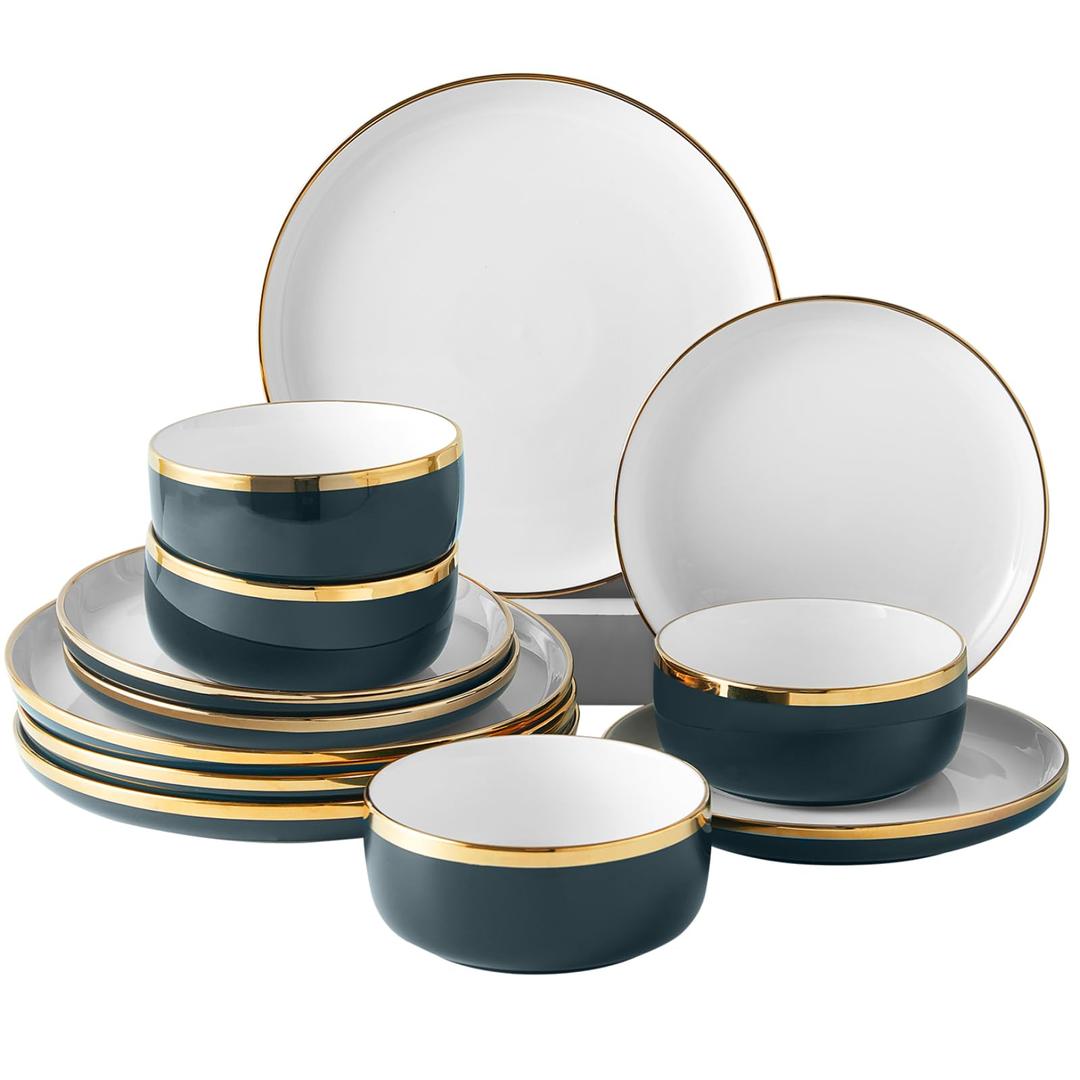 Ceramic Dinnerware Sets, 12 Piece Luxury Bone China Dishware Sets, Green Dishes Set Gold Rim Plates and Bowls Sets for 4, Modern Dinner Plates, Bowl Kitchen Decor