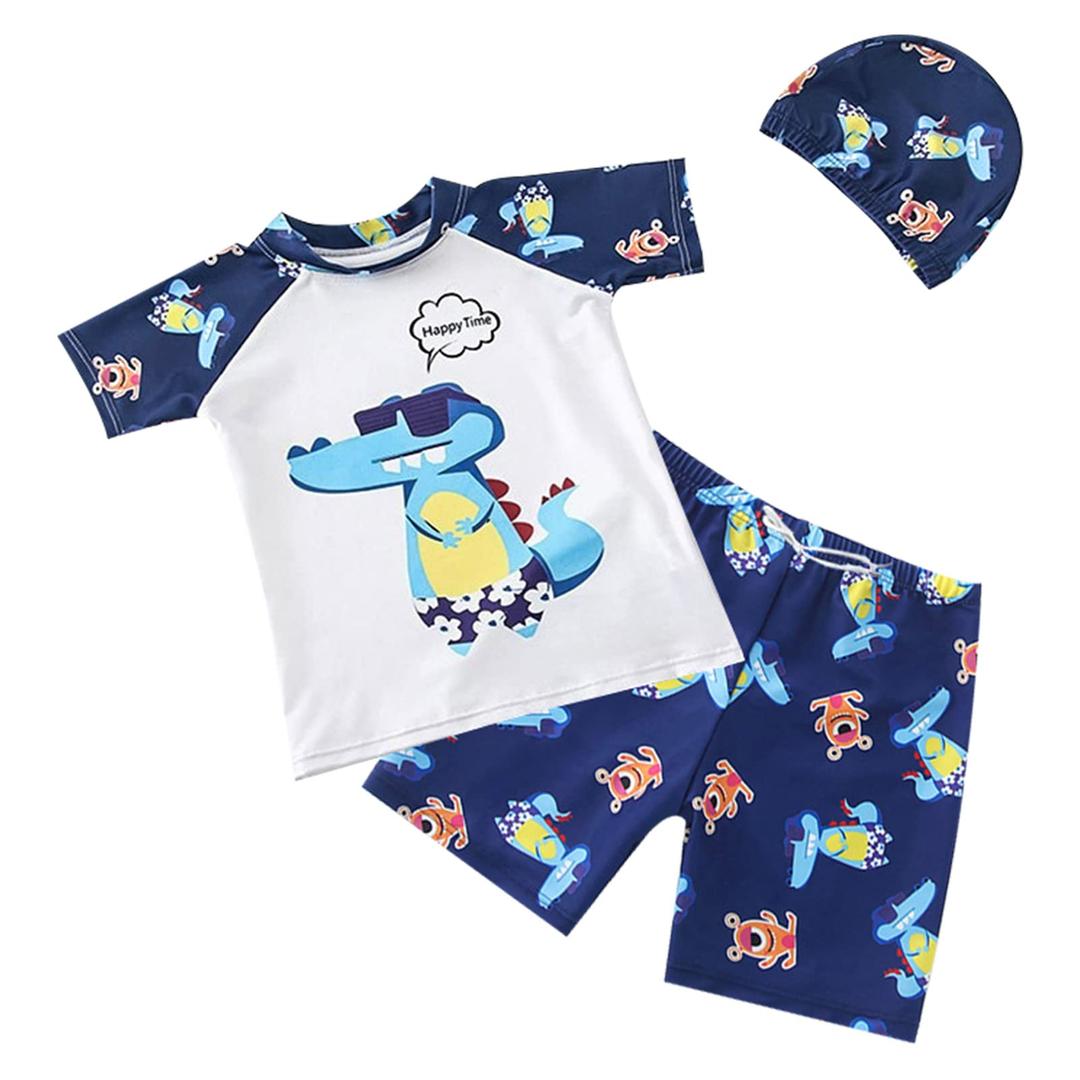 3 Piece Boys Swimsuit with Cap Set Toddler Kids Cartoon Crocodile Print Swimwear Children Swimming Trunks Short Sleeves Beachwear Bathing Suit for Summer Blue/White