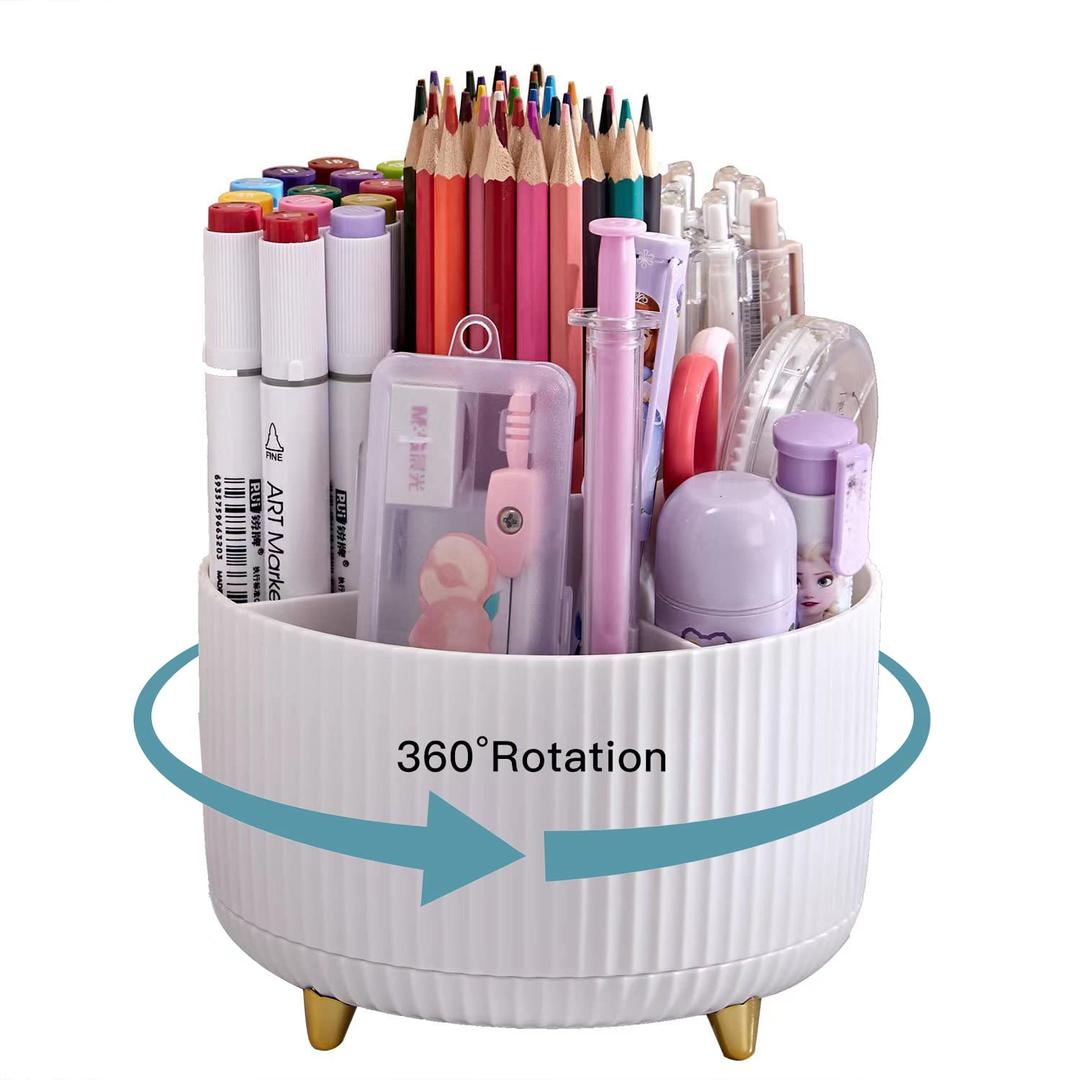 Pen Holder for Desk, Pencil Holder,5 Slots 360° Degree Rotating Desk Organizers and Accessories, Cute Pen Cup Pot for Office, School, Home, Art Supply (white)