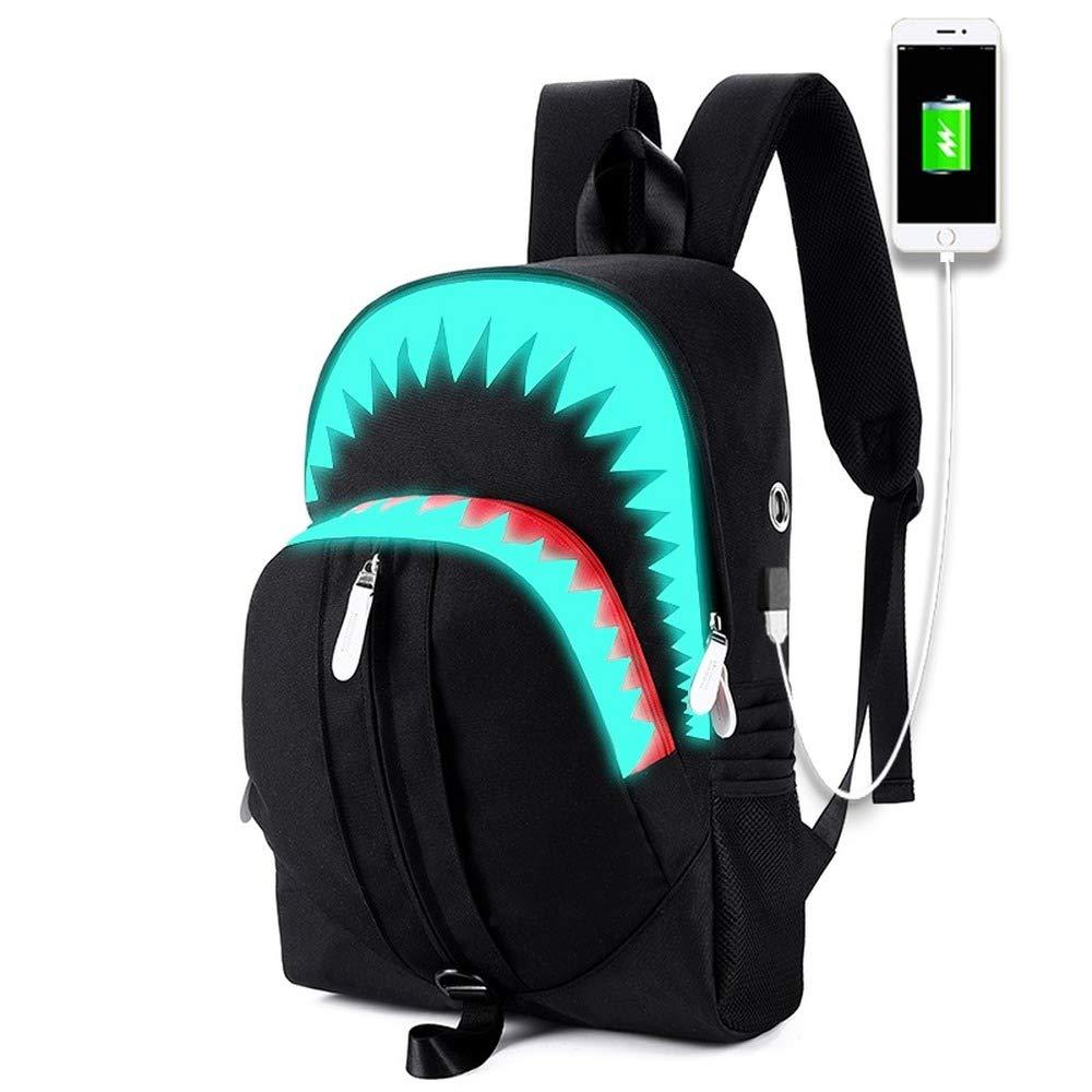 Men Fashion USB Charging Night Luminous Backpack Shark Laptop Backpack Chest Bag Teenagers School Bag Mochila Travel Bag Black (backpack)