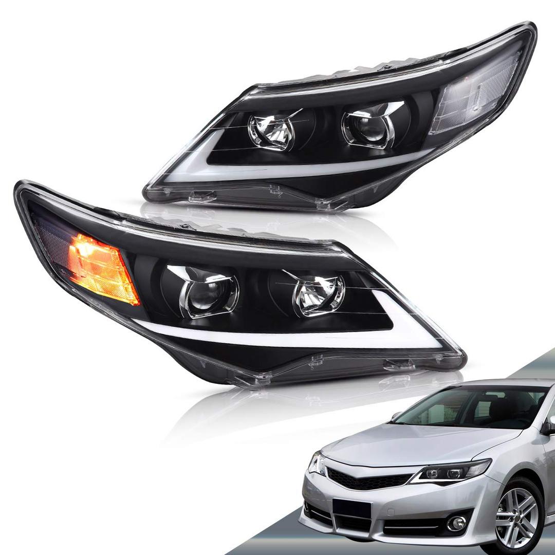 VLANDLED Projector Headlights Compatible with Toyota Camry 2012-2014 US-Specs Version, High Beam Come with H7 Halogen, Low Beam Fits D2S LED Bulbs(Not Included)