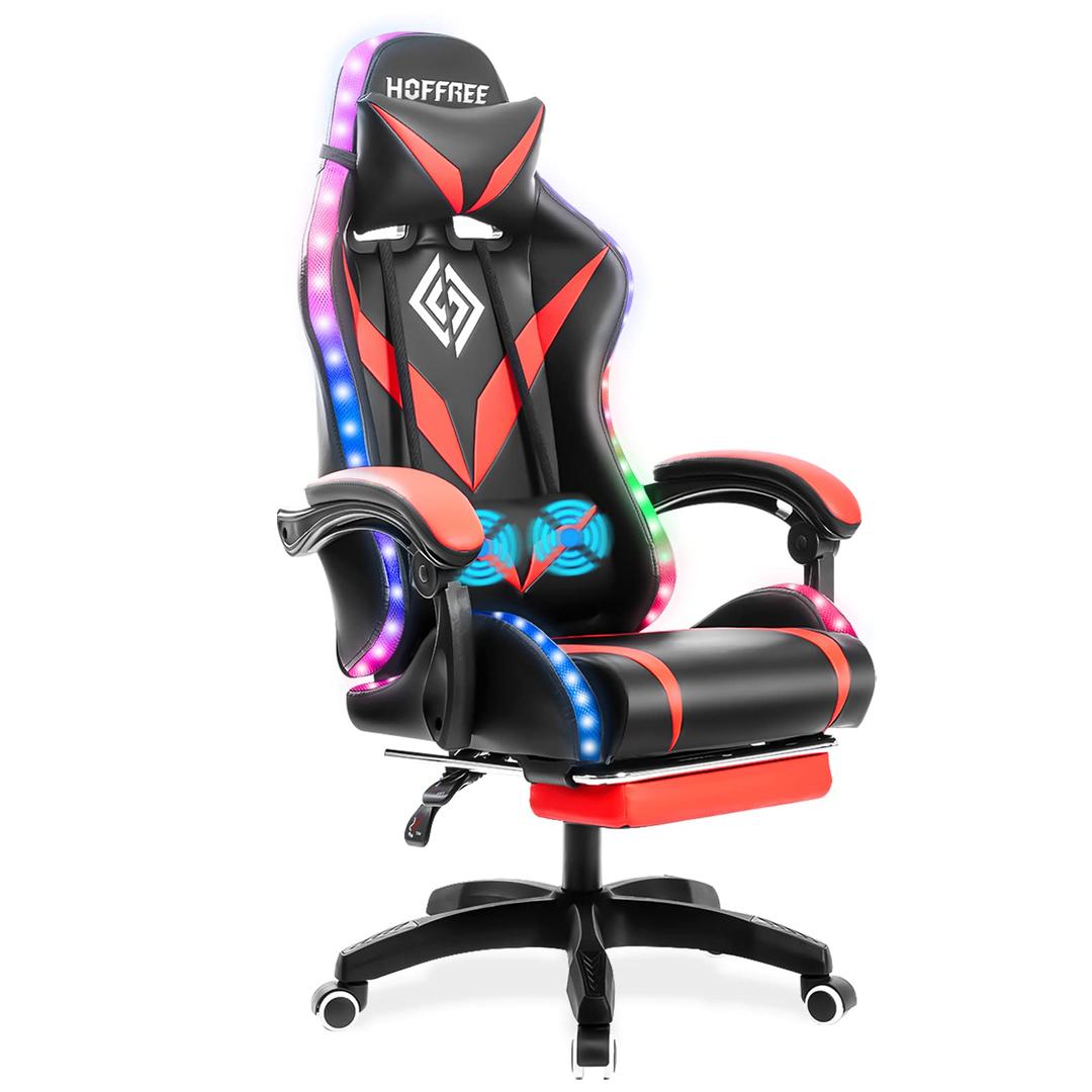 Gaming Chair with Massage and LED RGB Lights Ergonomic Computer Chair with Footrest High Back Video Game Chair with Adjustable Lumbar Support Linkage Armrest Red and Black