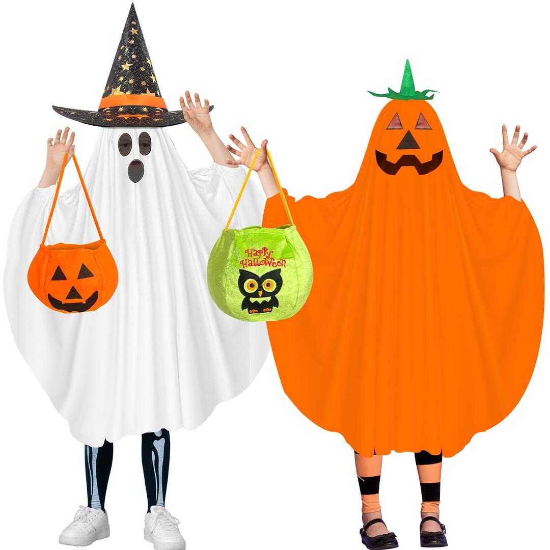 5 Pcs Halloween Ghost and Pumpkin Costume Set Include Ghost Pumpkin Ponchos Pumpkin Trick or Treat Bags Witch Hats Ghost Costumes for Halloween Cosplay Party Supplies