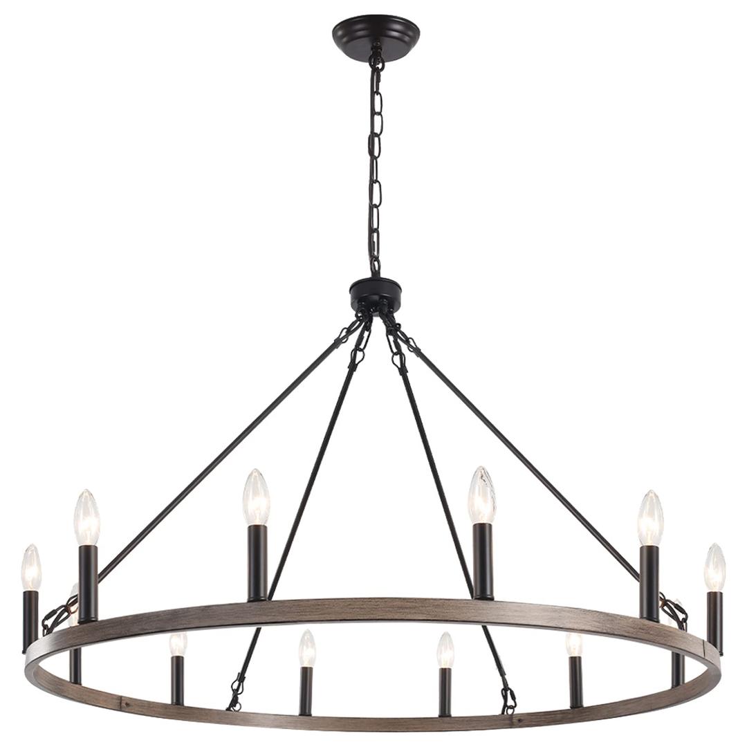 Black Wagon Wheel Chandelier Diam 38'', 12 Lights Large Farmhouse Chandelier Rustic Candle Pendant Light Fixtures Round Chandeliers for Dining Room, Metal Faux Wood Finish