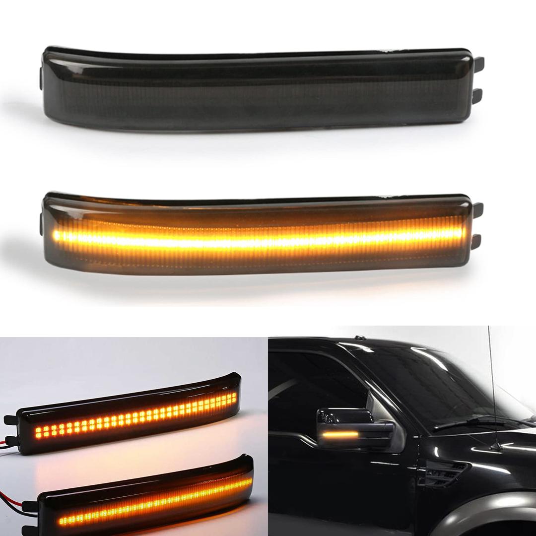 2x Smoked Lens Sequential Amber Full LED Side Mirror Marker Lights Compatible With 2009-2014 Ford F150, 2010-2014 SVT Raptor, Replace OEM Amber Bulb-Less Reflectors