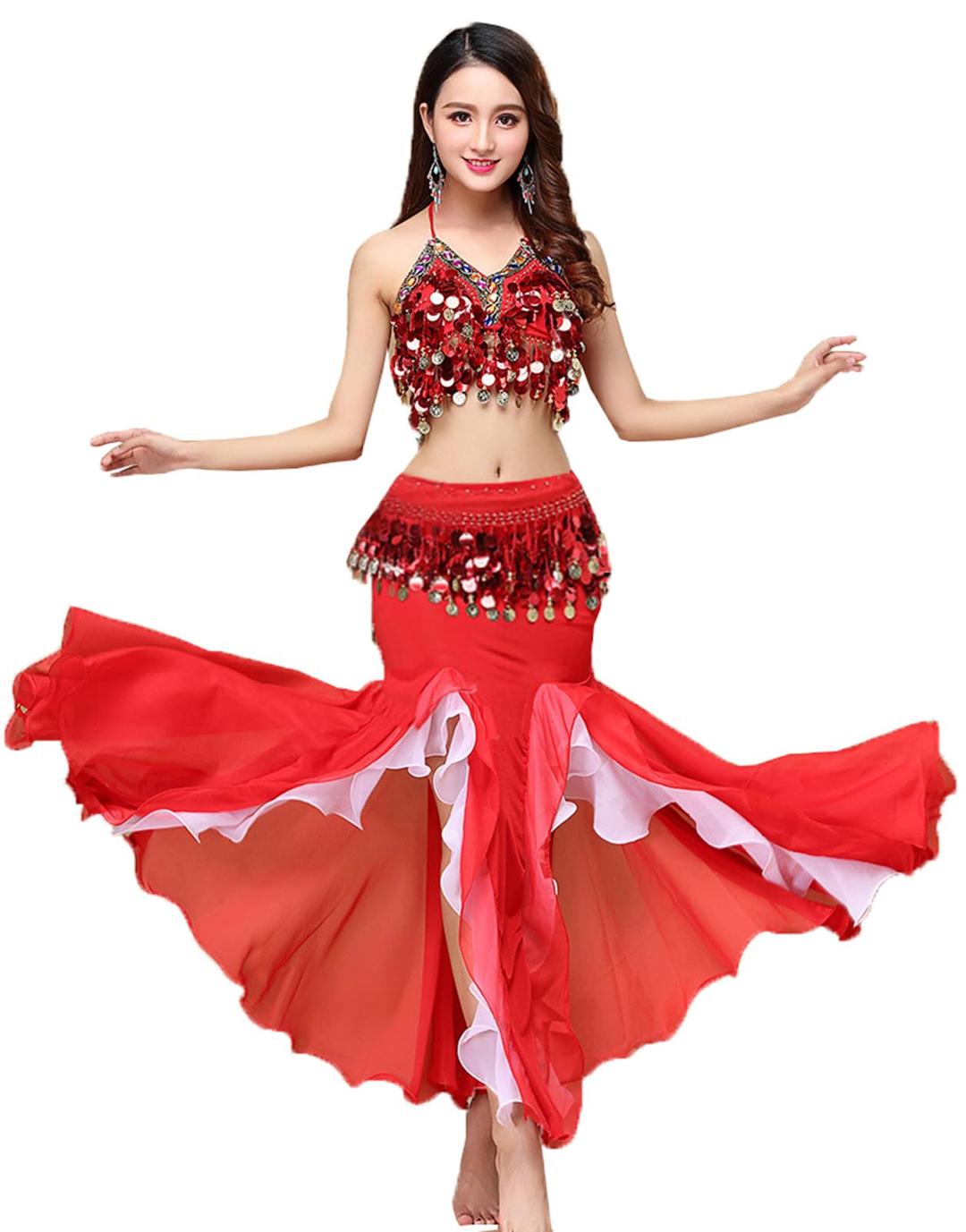 Women's Belly Dance Dress Belly Crop Top Bra Top and Belt Chiffon Dancing Split Skirt Costume 3-Piece Outfit