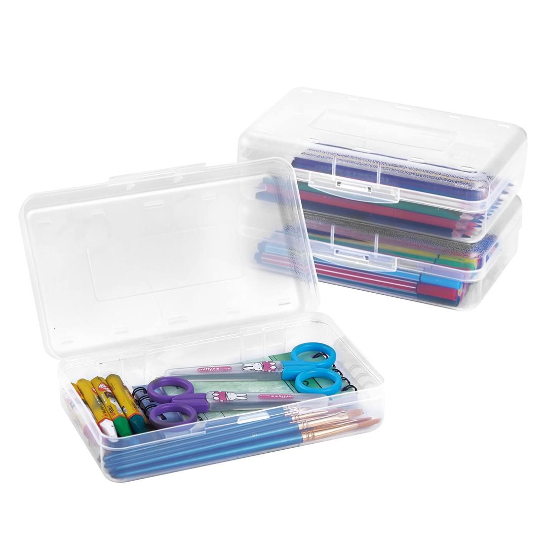 Sooez 3 Pack Large Pencil Box Case, Clear Crayon Marker Box Bulk, Hard Plastic School Supplies with Snap-tight Lid, Stackable Storage Container Art Craft Organizer for Bead Pens Ribbons, Clear