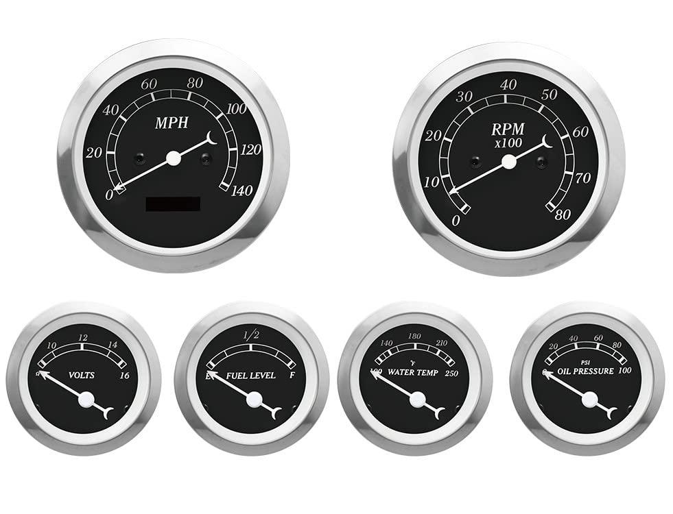 MOTOR METER RACING Classic 6 Gauge Set with ECU Based Electrical Speedometer Digital Odometer Black Dial White Needle Light Bulb Illumination 85mm 3-3/8" & 52mm 2-1/16"