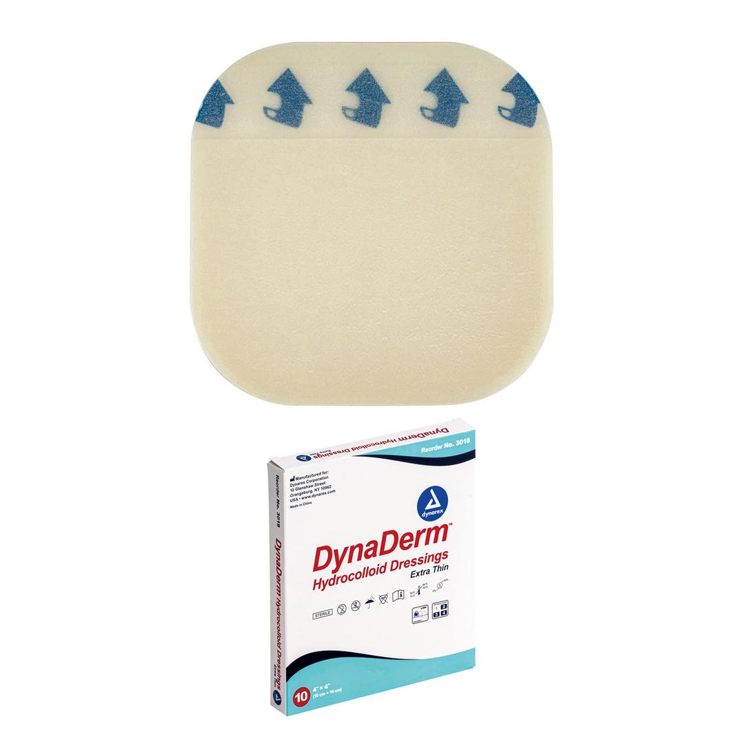 DynarexDynaDerm Hydrocolloid Dressings, Sterile Moist Bandages Used for All Kinds of Wounds, 4" x 4", X-Thin & Latex-Free, Peel-Down Patches - 1 Box of 10 Dressings