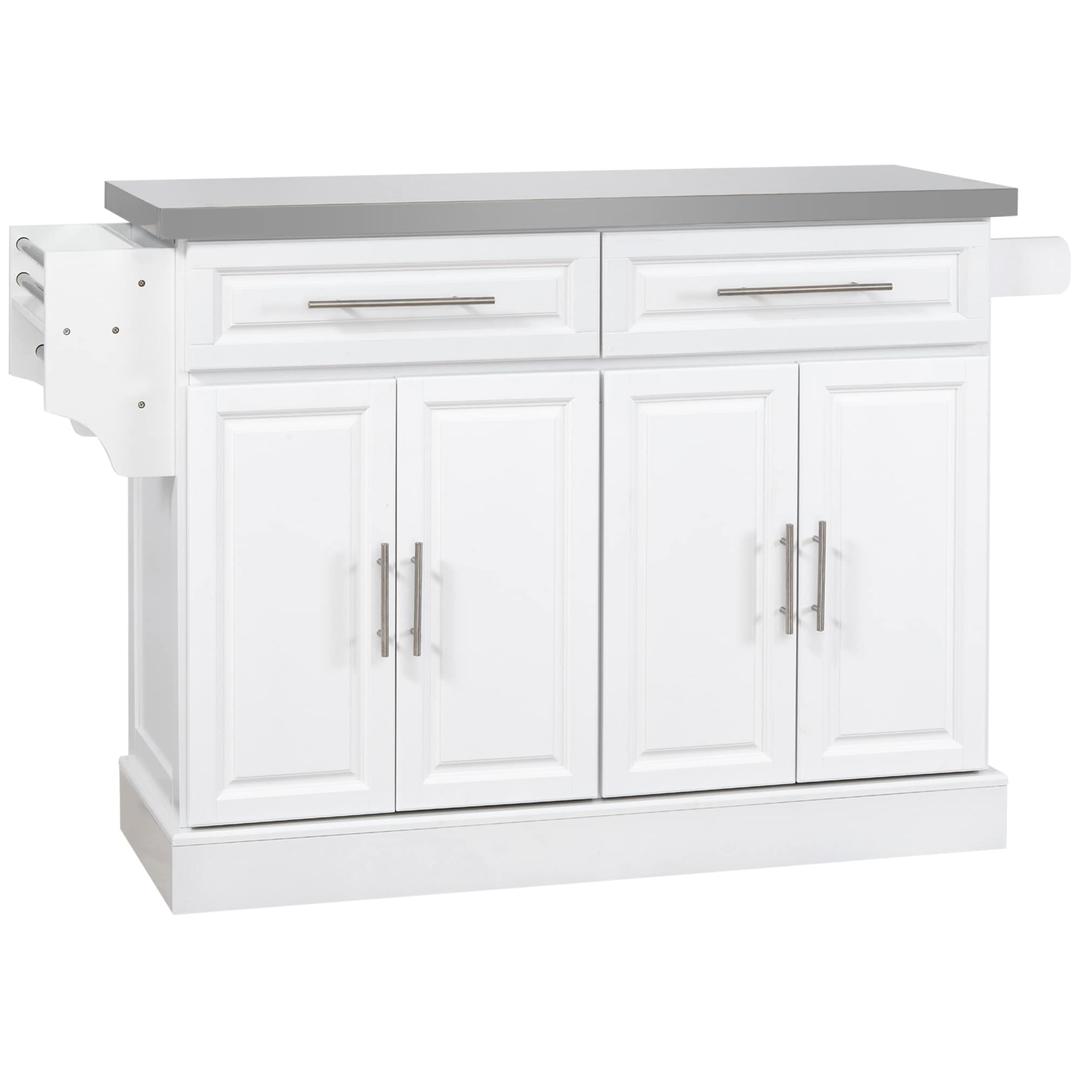 HOMCOM Rolling Kitchen Island with Storage, Portable Kitchen Cart with Stainless Steel Top, 2 Drawers, Spice, Knife and Towel Rack and Cabinets, White