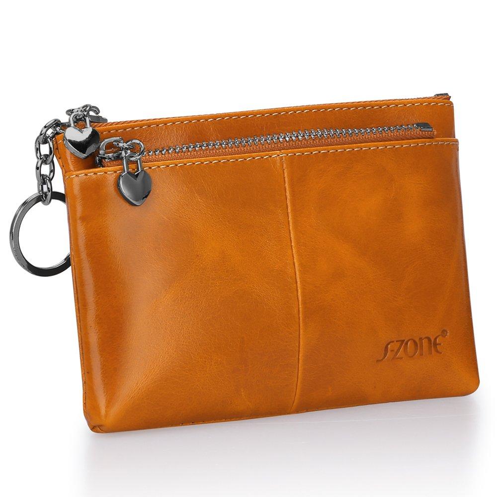 S-ZONE Women's Genuine Leather Mini Wallet Change Coin Purse Card Holder with Key Ring