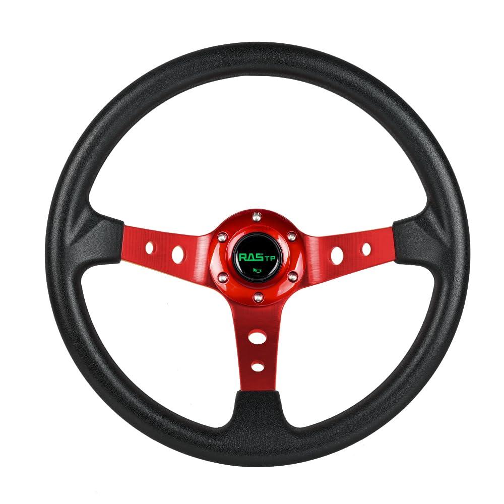 RASTP Universal Racing Steering Wheel,Drifting Deep Dish Steering Wheel 13.8”/350mm 6 Bolts Grip Vinyl Leather & Aluminum with Horn Button for Car -Red