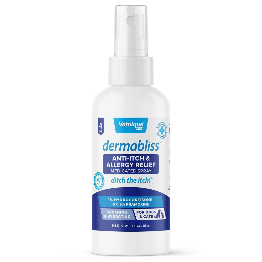 Vetnique Dermabliss Anti Itch Spray for Dogs & Cats with Hydrocortisone for Allergies and Immediate Dog Itching Skin Relief - Fragrance Free with Soothing Oat Extract (4oz Anti Itch Spray)