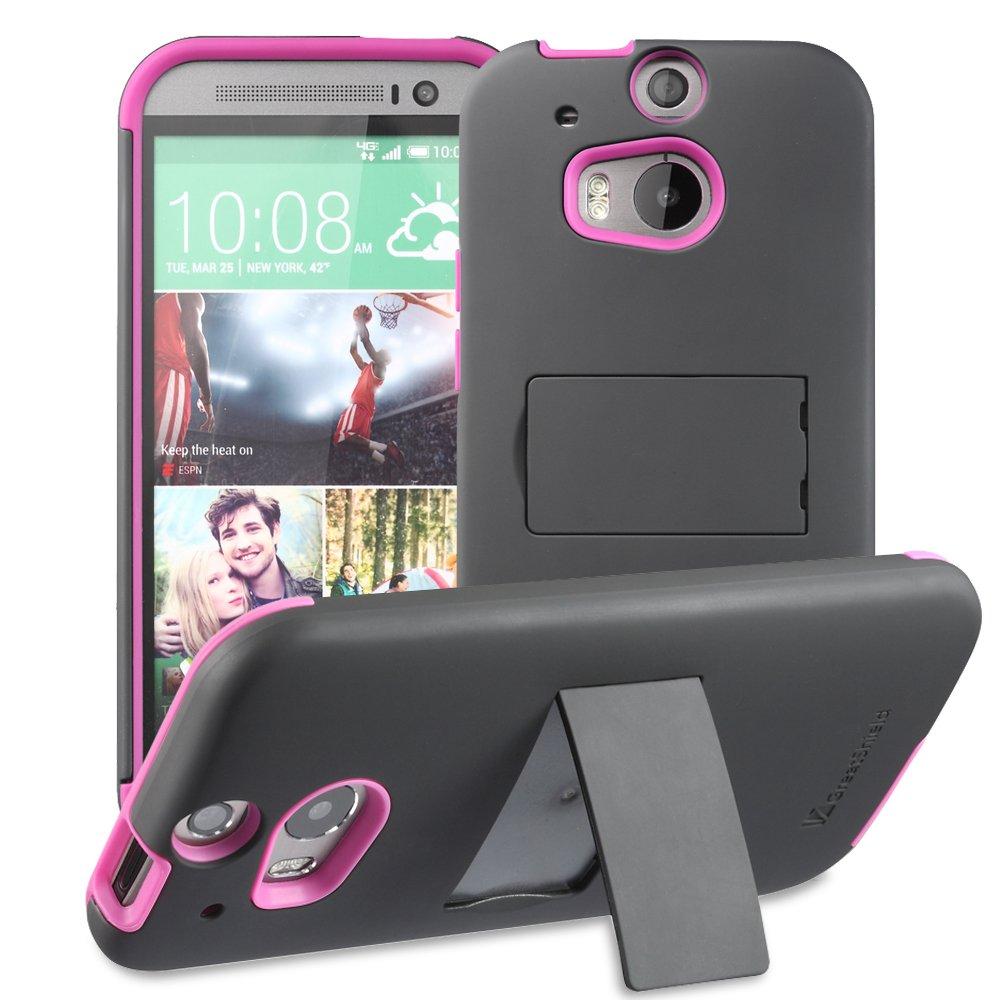 HTC One M8 Stand Case, GreatShield Legacy Series Ultra Slim Fit Hybrid Snap On Case Back Cover with Kickstand for HTC One M8 (2014) - (Black / Hot Pink Accents)