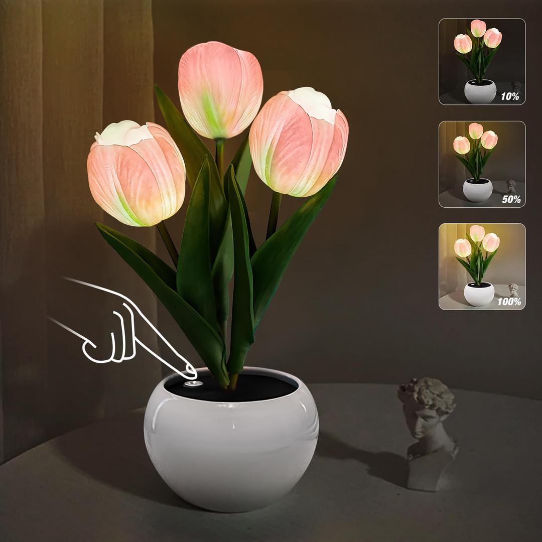 Tulip Lamp Lights, 2023 New LED Table Lamp Artificial Flower Small Night Light Fake Bouquet 3 Heads with Ceramic Vase for Home Living Room Desktop Decor (Tulip-Pink)