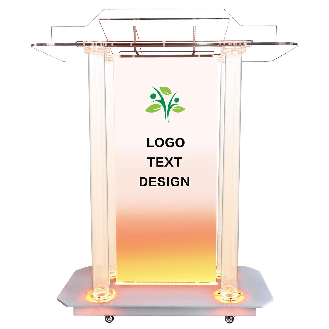 Customizable Logo & Text Church Pulpit,Transparent LED Acrylic Podium with Wheels and Vertical Reading Platform, 46" Lectern for Church and Classrooms (39.4"L*15.7"W *45.7"H)