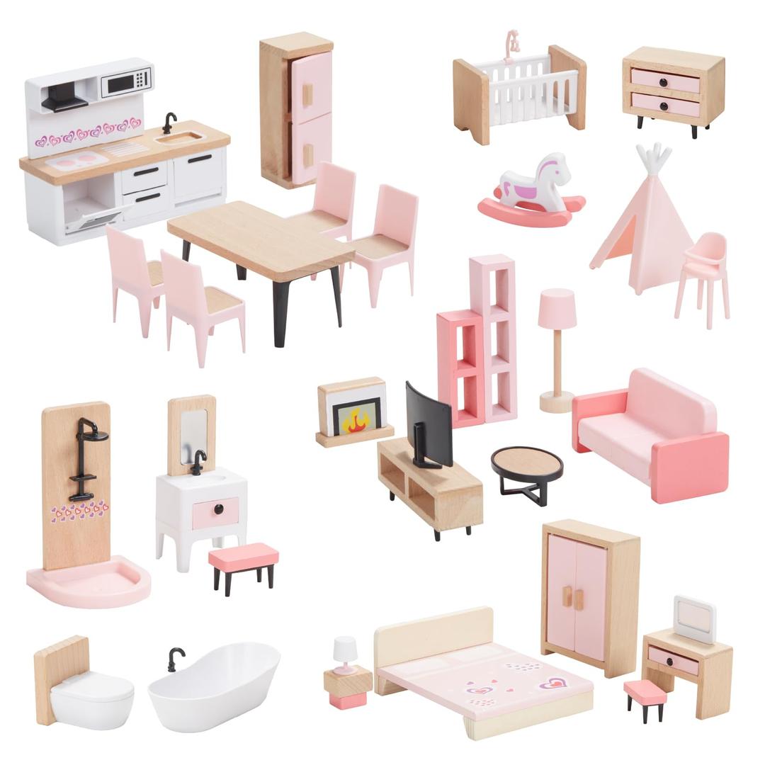 Giant bean 36pcs Wooden Dollhouse Furniture Set 5 Rooms, Wood & Plastic Pink Dollhouse Accessories Pretend Play Furniture Toy Christmas Birthday Gift Toy for Kids Boys Girls Toddler 3+