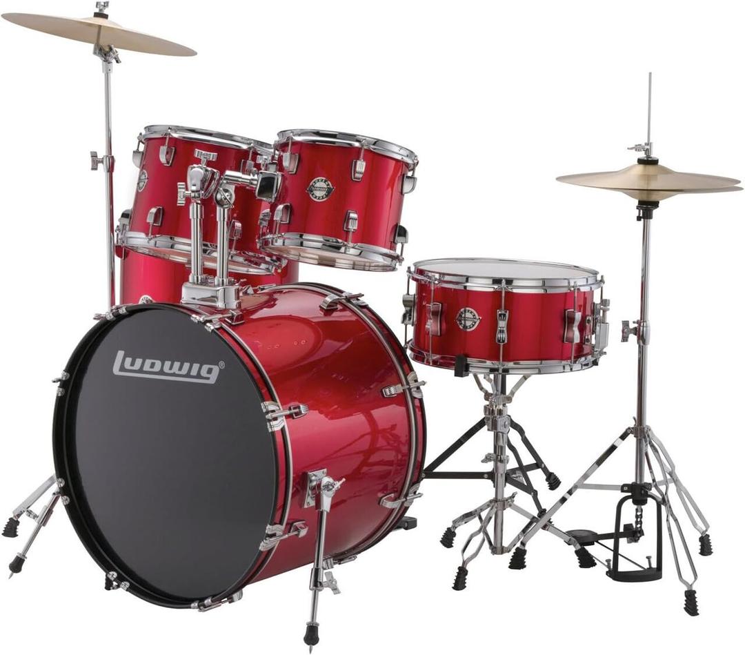 Ludwig Accent 5-piece Complete Drum Set with 22 inch Bass Drum and Wuhan Cymbals - Red Sparkle