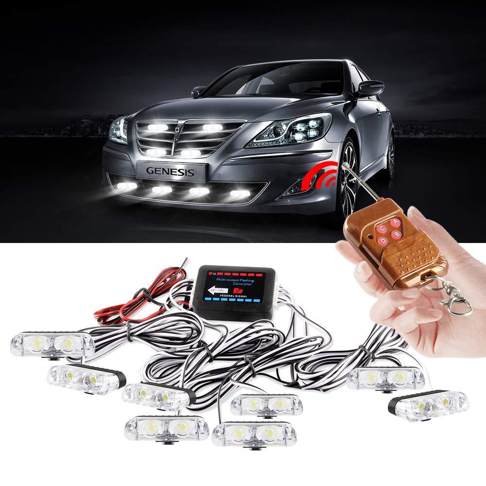 Yifengshun 8 in 1 LED Police Lights Emergency Strobe Lights For Truck Vehicle Warning Flashing Caution Light Bar Grilles DRL Police Motorcycle DC12V Wireless Remote Control(White)