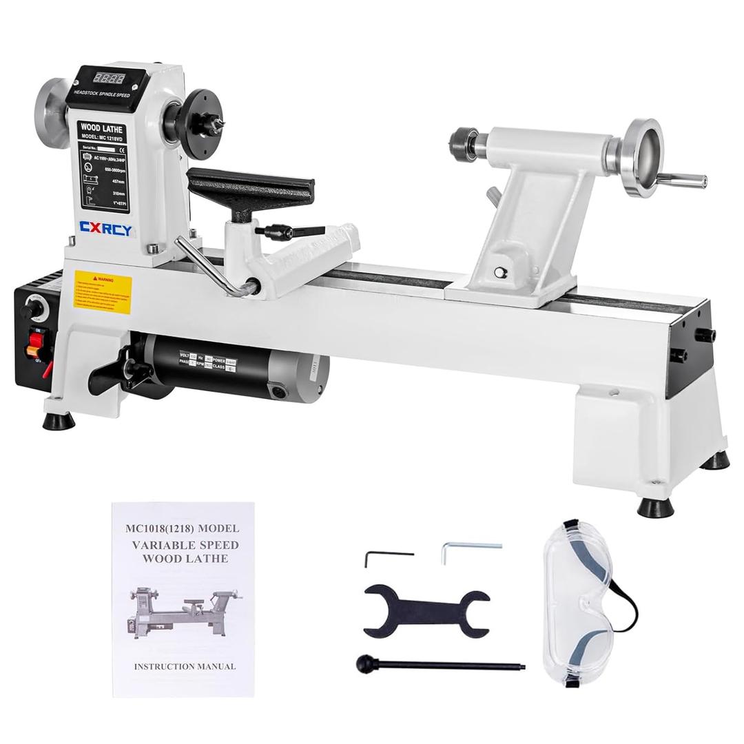 CXRCY 12" x 18" Wood Lathe, Benchtop Wood Lathe Machine 3/4 HP Infinitely Variable Speed 650-3800 RPM with Goggle for Woodworking, Woodturning