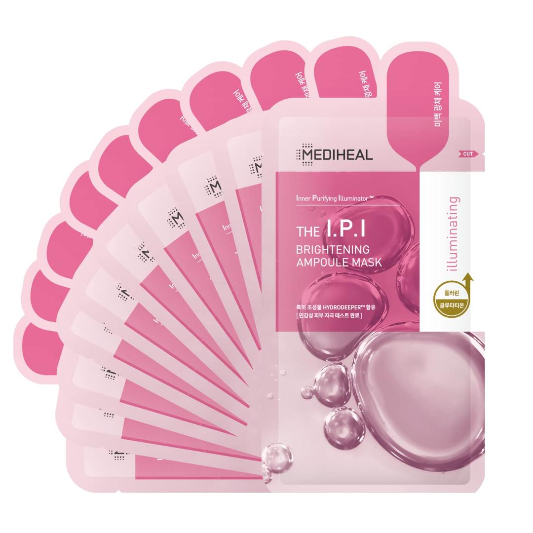 MedihealOfficial Best No.1 Korean Sheet Mask - IPI Ampoule Face Mask 10 Sheets For Brightening Radiant for Dull Skin with Niacinamide