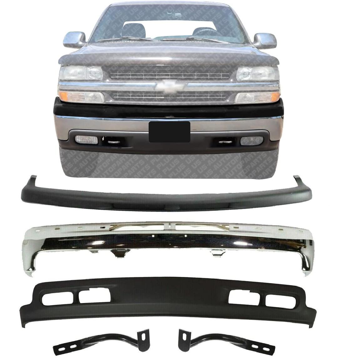 US AUTO PARTS PLUS New Front Bumper + Upper Cover + Lower Valance + Outer Brace Brackets LH & RH Side Direct Replacement For Chevrolet Silverado 1500 1999-2002 / Tahoe/Suburban 2000-2004