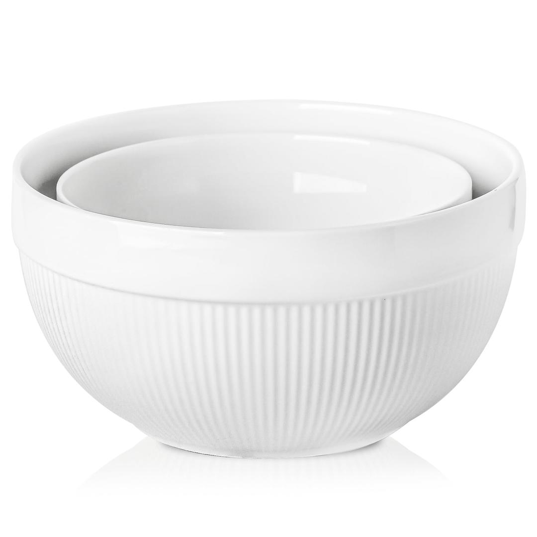 Ceramic Large Mixing Bowls for Kitchen, Set of 2 Big Serving Bowls for Cooking, Popcorn, Salad, Soup, Baking, Dough Bread Making Bowl, 10 inch + 8 inch, White