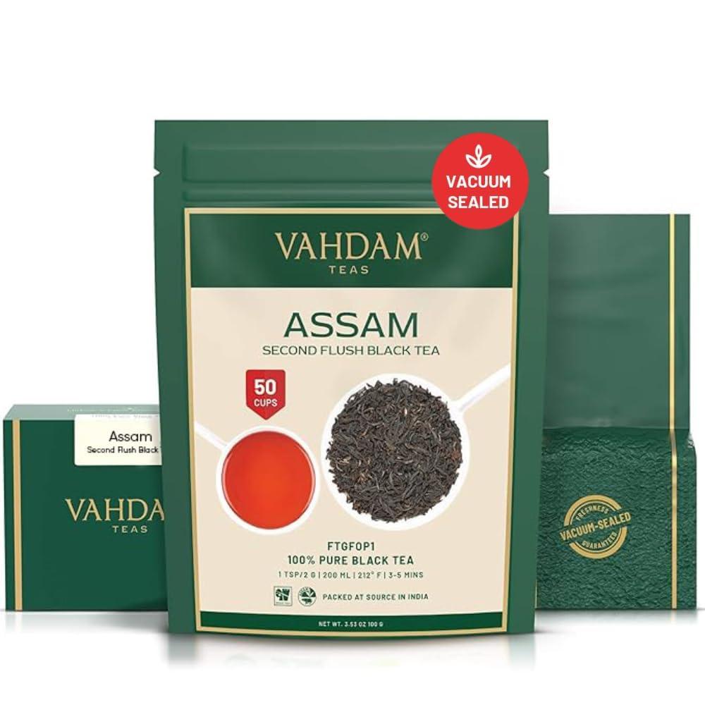 VAHDAM, Assam Black Tea Leaves (50 Cups) STRONG, MALTY & RICH | Unblended Single Origin Black Loose Leaf Tea I Pure Unblended Single Origin Black Loose Leaf Tea | Vacuum Sealed