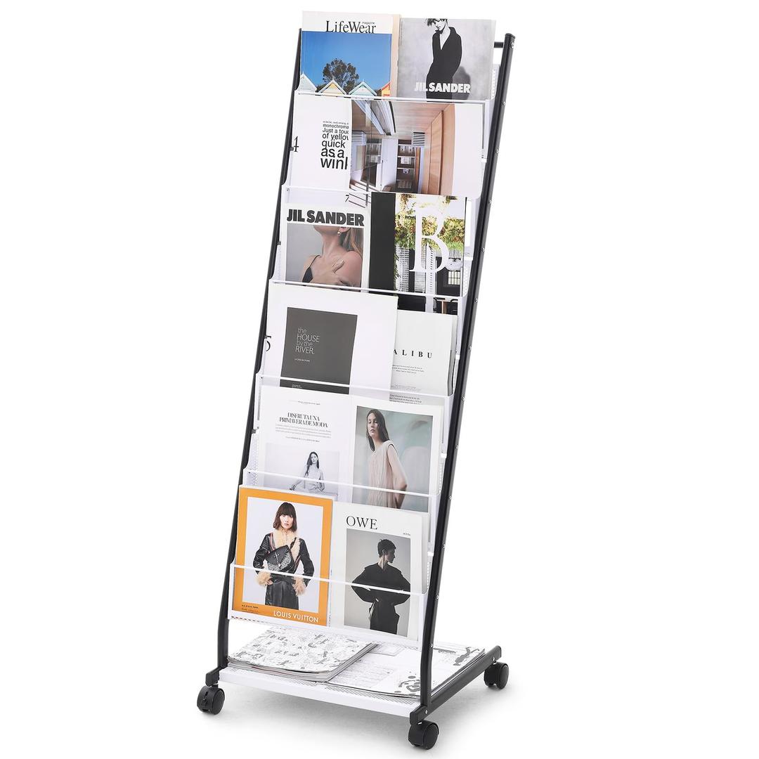 VEVOR Brochure Display Rack, 6-Tier Magazine Literature Display Stand, Floor Standing Magazine Rack Newspaper Catalog Holders, Movable with 4 Wheels (2 Lockable) for Shop Exhibitions Office, 6 Pockets