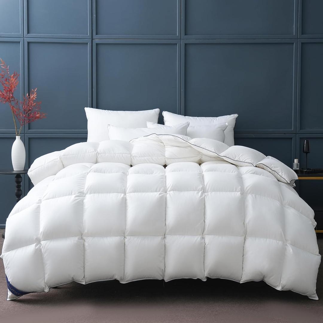 DOWNCOOL Goose Down Comforter Queen Size - 750 Fill Power Duvet Insert - Ultra Soft Hotel Collection Comforter - All Season 100% Cotton White Queen Down Comforter - Queen 90 x 90 Inch