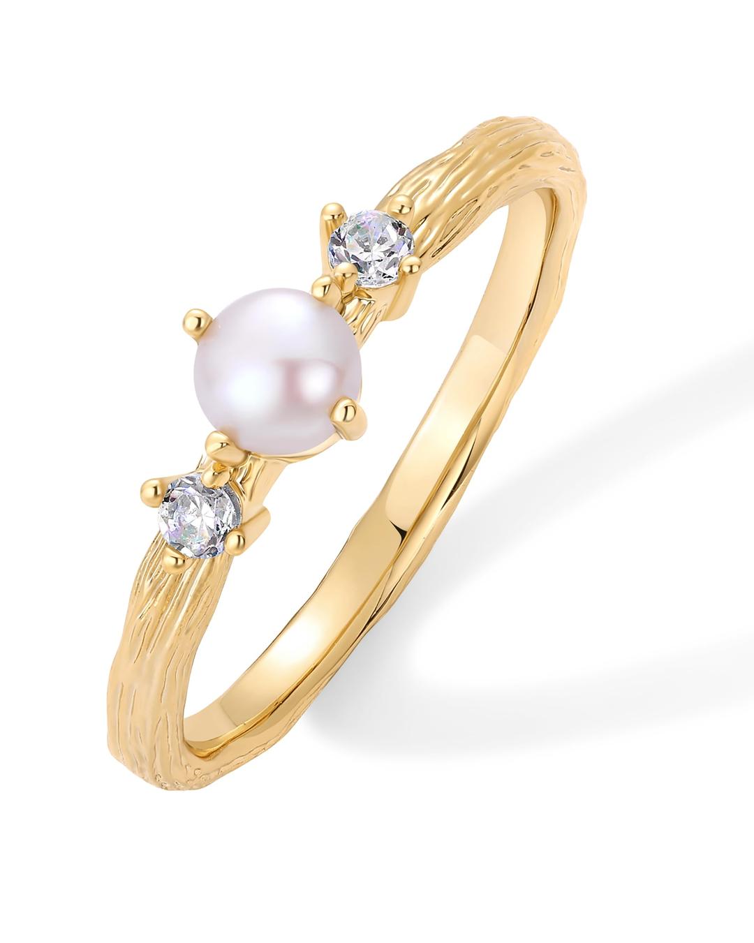 PAVOI14K Gold Plated Pearl Hammered Ring for Women | Dainty Elegant Stackable Cubic Zirconia Thin Band for Women