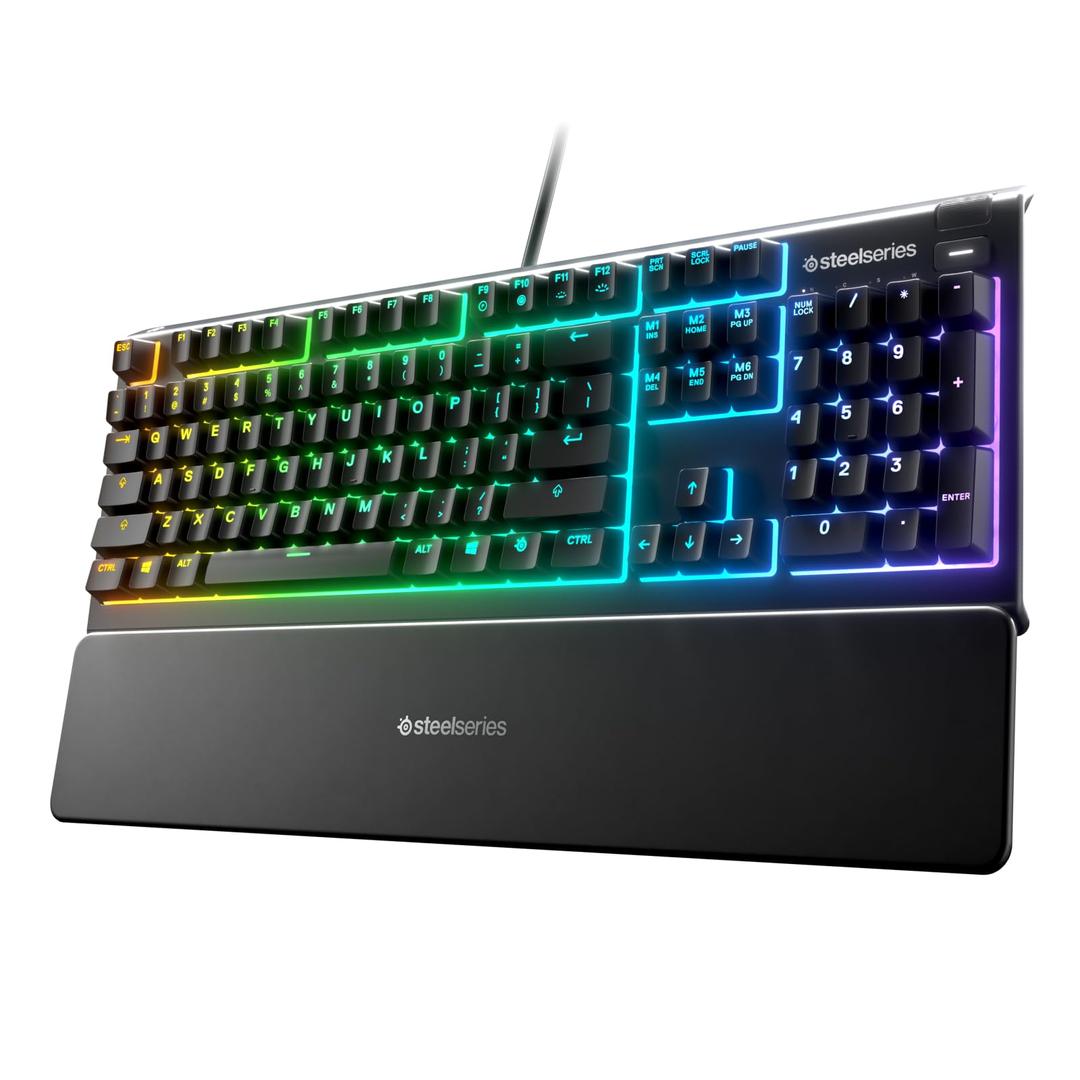 SteelSeriesApex 3 RGB Gaming Keyboard – 10-Zone RGB Illumination – IP32 Water Resistant – Premium Magnetic Wrist Rest (Whisper Quiet Gaming Switch)