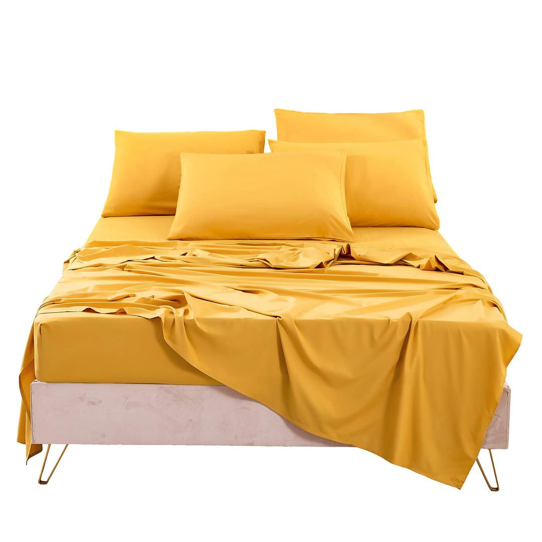 Bedlifes Queen Sheet Set- Cooling Sheets-Ultra Soft-Silky-Breathable-Deep Pocket- 1800 Series Bedding Set Microfiber- Yellow Bed Sheets Queen Size 4 Pieces