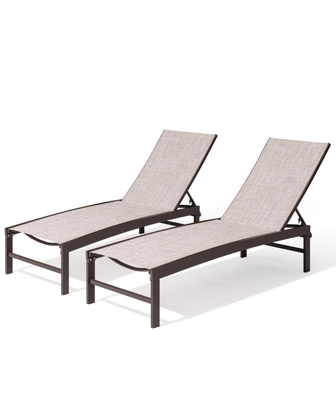 Crestlive Products Aluminum Adjustable Chaise Lounge Chair Outdoor Five-Position Recliner, Curved Design, All Weather for Patio, Beach, Yard, Pool (2PCS Beige)