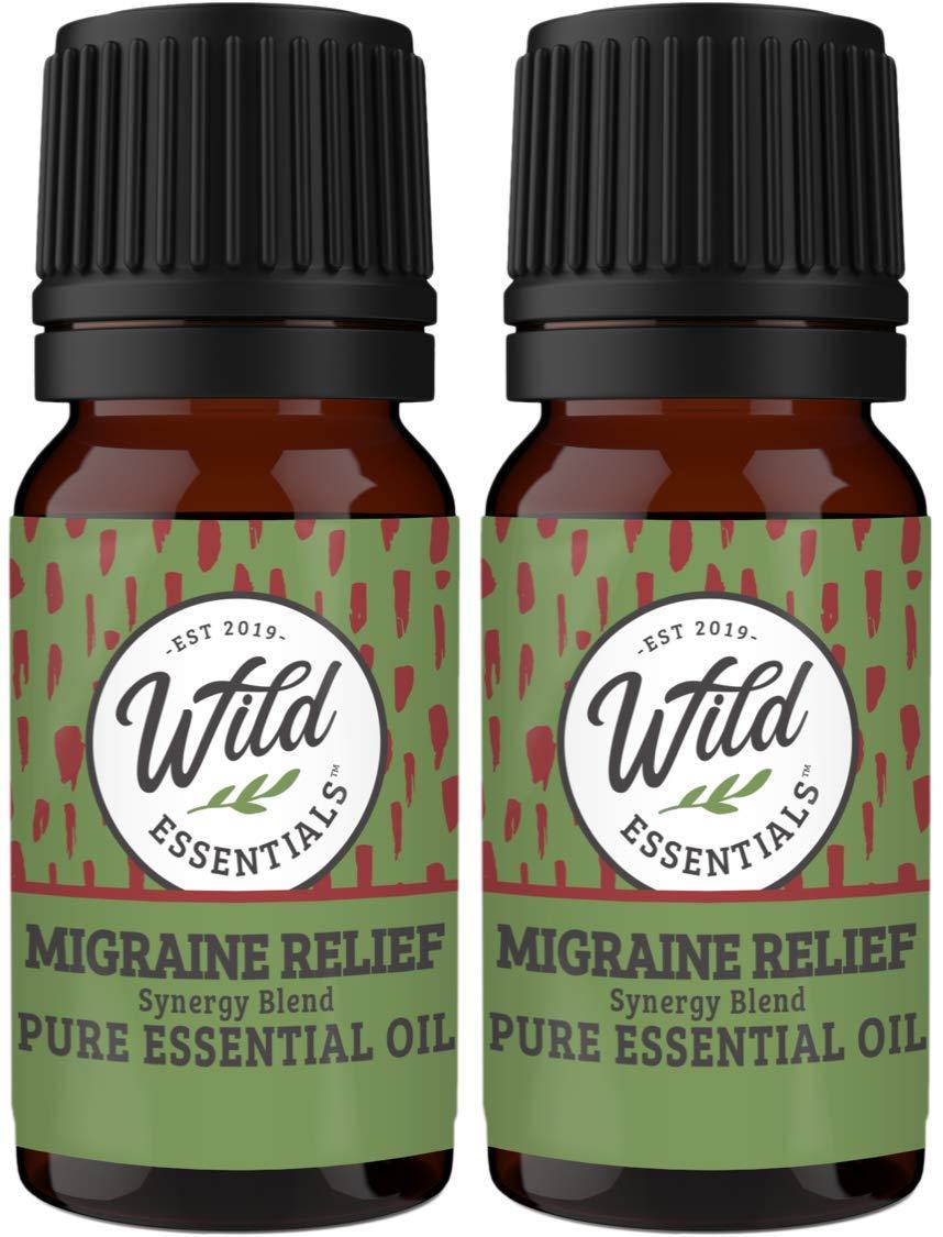 Wild Essentials Migraine Relief 100% Pure Essential Oil Synergy Blend 2 Pack 10ml, Formula for migraine headaches, pain, congestion, stuffy nose, cold, Made in The USA