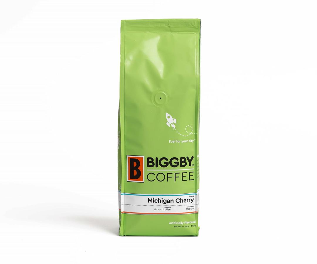 BIGGBYCOFFEE Ground Roasted Coffee | Medium Roast Michigan Cherry Flavor, 12oz Bag | Flavored Coffee Grounds Bagged in USA | Perfect for Coffee Maker, Pour Over, or French Press