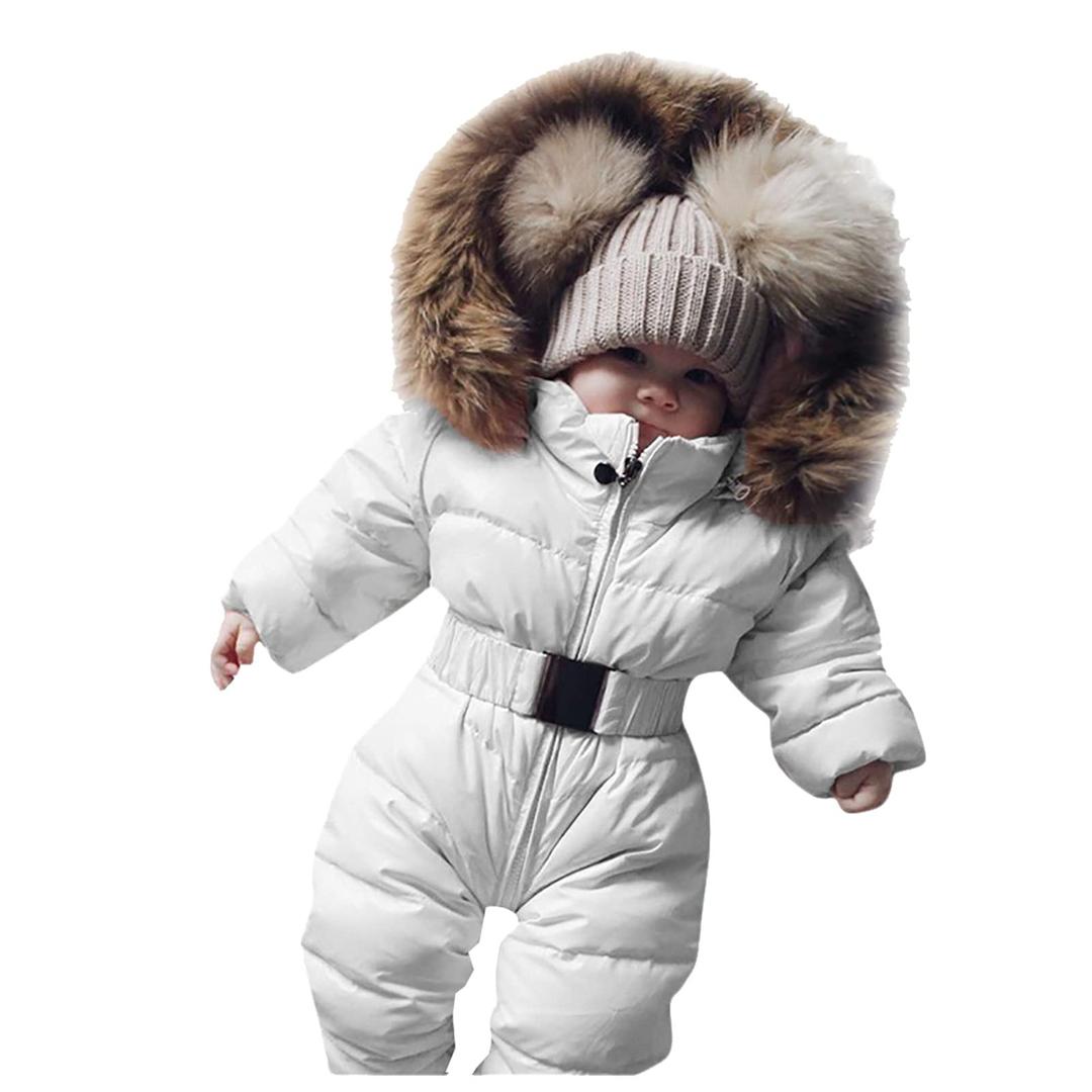 MAIGOINWinter Romper for Baby Girls Boys Warm Faux Fur Hooded Snowsuit Solid Zipper Long Sleeve Jumpsuit Toddler Kids Clothes Age 3-24M